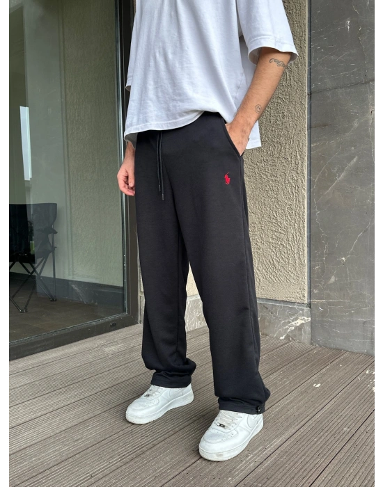 2 İPLİK KUMAŞ BAGGY KALIP PAÇA LASTİKLİ PLO EŞOFMAN ALTI SİYAH