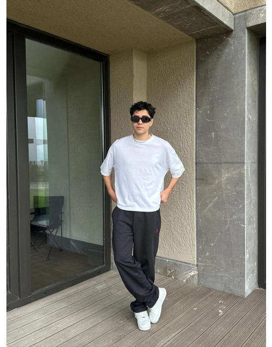 2 İPLİK KUMAŞ BAGGY KALIP PAÇA LASTİKLİ PLO EŞOFMAN ALTI SİYAH