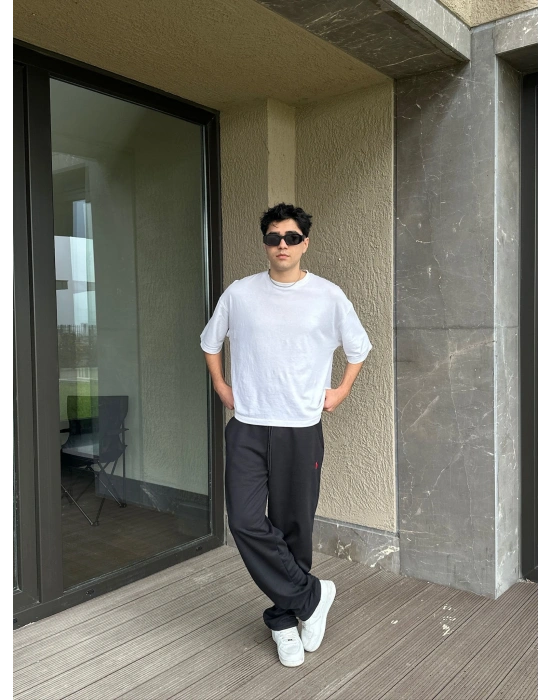 2 İPLİK KUMAŞ BAGGY KALIP PAÇA LASTİKLİ PLO EŞOFMAN ALTI SİYAH