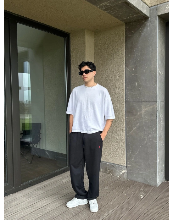 2 İPLİK KUMAŞ BAGGY KALIP PAÇA LASTİKLİ PLO EŞOFMAN ALTI SİYAH