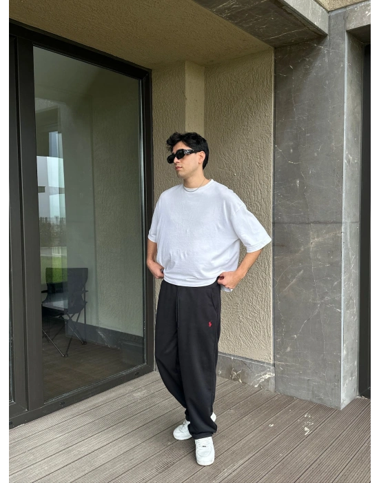 2 İPLİK KUMAŞ BAGGY KALIP PAÇA LASTİKLİ PLO EŞOFMAN ALTI SİYAH