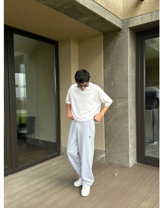 2 İPLİK KUMAŞ BAGGY KALIP PAÇA LASTİKLİ PLO EŞOFMAN ALTI GRİ