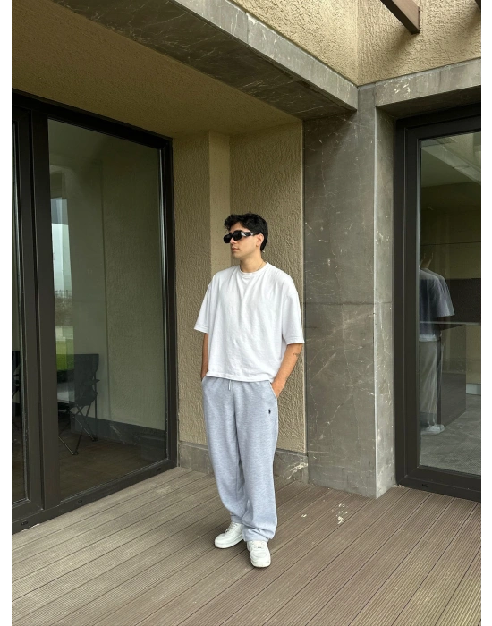 2 İPLİK KUMAŞ BAGGY KALIP PAÇA LASTİKLİ PLO EŞOFMAN ALTI GRİ