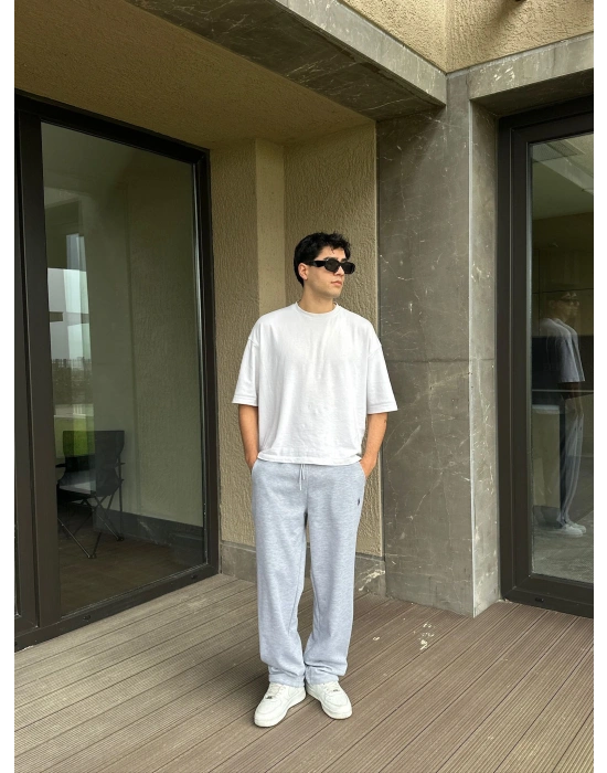 2 İPLİK KUMAŞ BAGGY KALIP PAÇA LASTİKLİ PLO EŞOFMAN ALTI GRİ