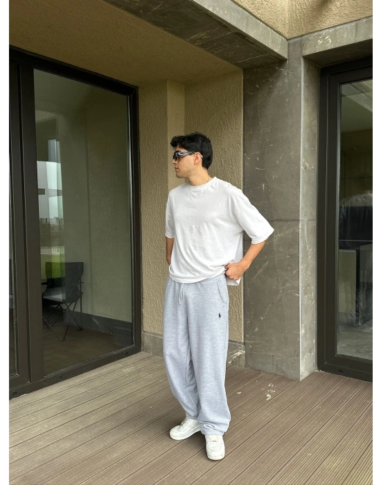 2 İPLİK KUMAŞ BAGGY KALIP PAÇA LASTİKLİ PLO EŞOFMAN ALTI GRİ