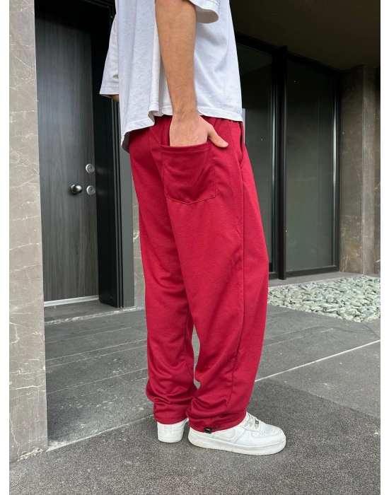 2 İPLİK KUMAŞ BAGGY KALIP PAÇA LASTİKLİ NK NAKIŞ EŞOFMAN ALTI KIRMIZI