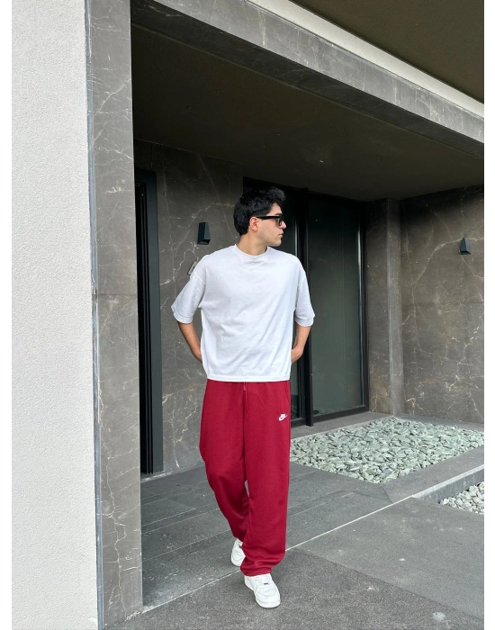 2 İPLİK KUMAŞ BAGGY KALIP PAÇA LASTİKLİ NK NAKIŞ EŞOFMAN ALTI KIRMIZI