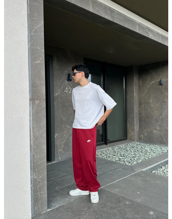 2 İPLİK KUMAŞ BAGGY KALIP PAÇA LASTİKLİ NK NAKIŞ EŞOFMAN ALTI KIRMIZI