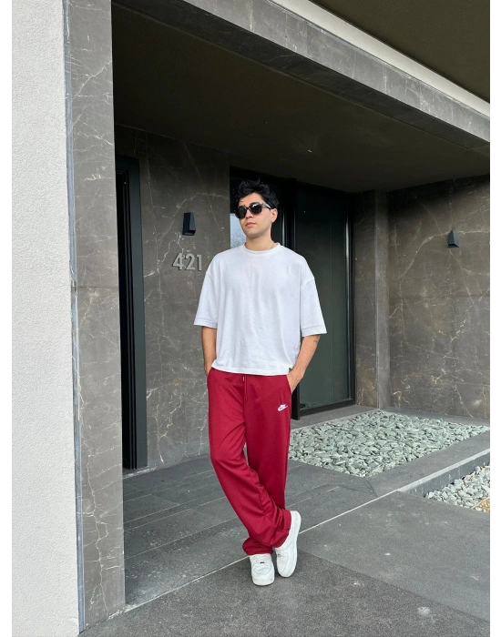 2 İPLİK KUMAŞ BAGGY KALIP PAÇA LASTİKLİ NK NAKIŞ EŞOFMAN ALTI KIRMIZI