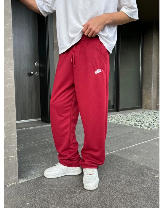 2 İPLİK KUMAŞ BAGGY KALIP PAÇA LASTİKLİ NK NAKIŞ EŞOFMAN ALTI KIRMIZI