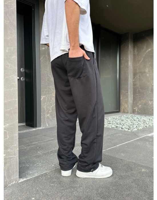 2 İPLİK KUMAŞ BAGGY KALIP PAÇA LASTİKLİ NK NAKIŞ EŞOFMAN ALTI SİYAH