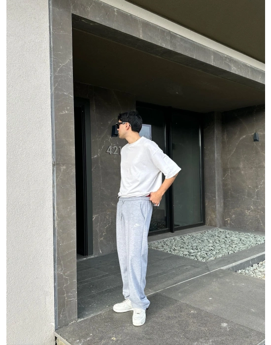 2 İPLİK KUMAŞ BAGGY KALIP PAÇA LASTİKLİ NK NAKIŞ EŞOFMAN ALTI GRİ