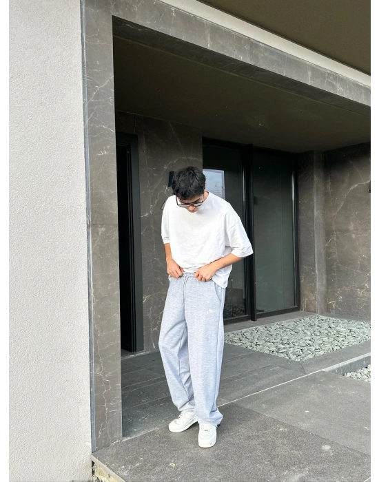 2 İPLİK KUMAŞ BAGGY KALIP PAÇA LASTİKLİ NK NAKIŞ EŞOFMAN ALTI GRİ