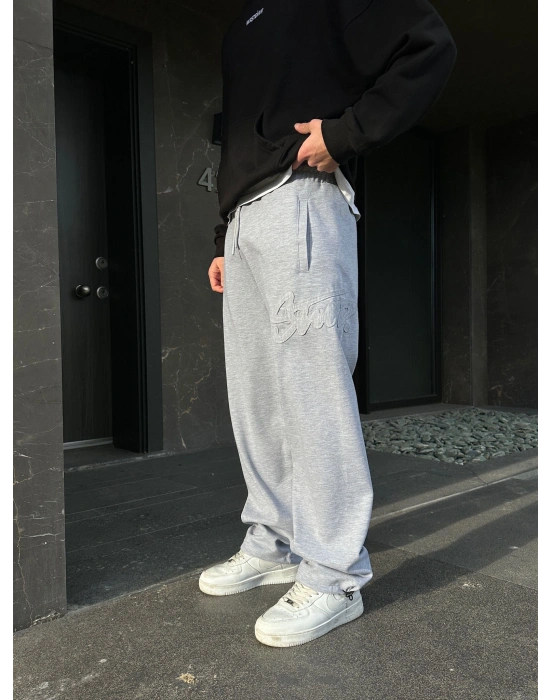 2 İPLİK KUMAŞ BAGGY KALIP PAÇA LASTİKLİ STW KABARTMA NAKIŞ EŞOFMAN ALTI GRİ