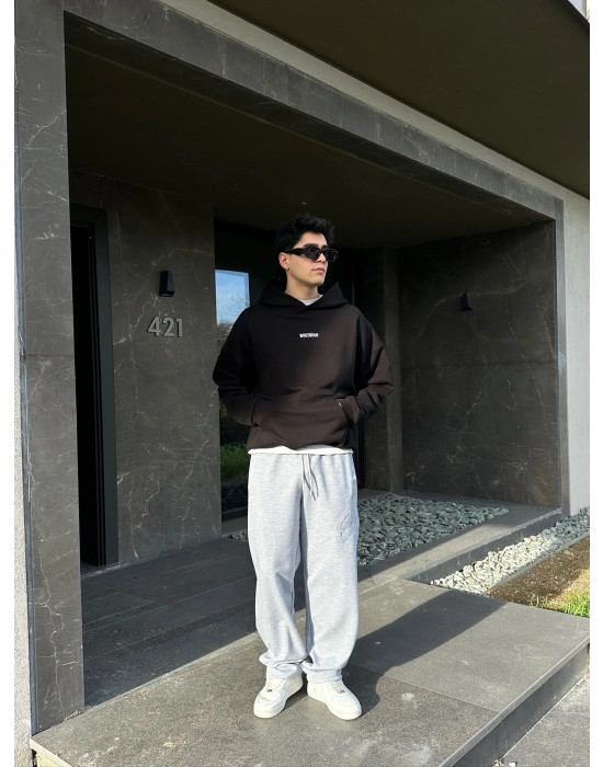 2 İPLİK KUMAŞ BAGGY KALIP PAÇA LASTİKLİ STW KABARTMA NAKIŞ EŞOFMAN ALTI GRİ