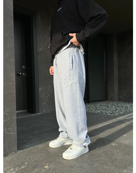 2 İPLİK KUMAŞ BAGGY KALIP PAÇA LASTİKLİ STW KABARTMA NAKIŞ EŞOFMAN ALTI GRİ