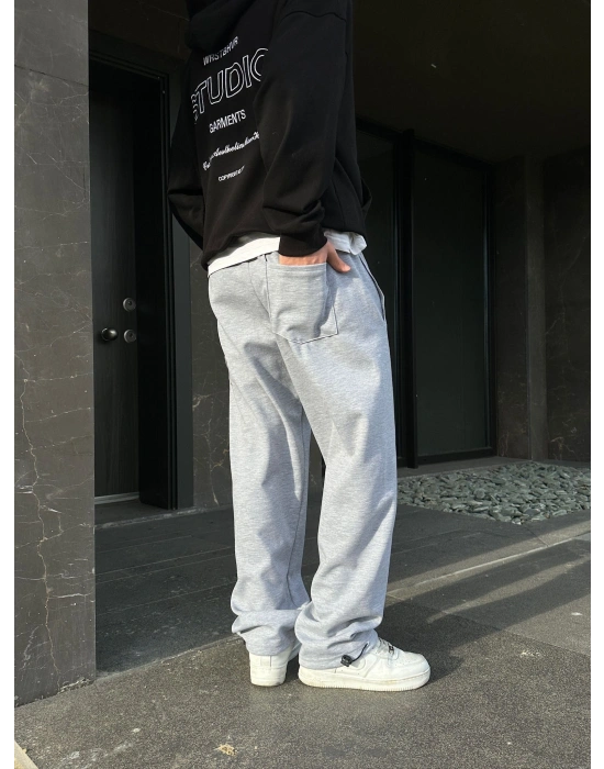 2 İPLİK KUMAŞ BAGGY KALIP PAÇA LASTİKLİ STW KABARTMA NAKIŞ EŞOFMAN ALTI GRİ