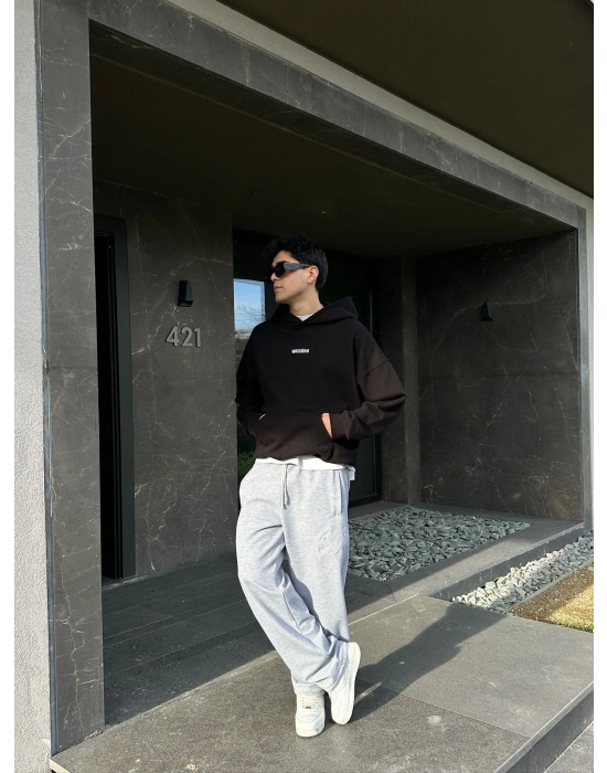 2 İPLİK KUMAŞ BAGGY KALIP PAÇA LASTİKLİ STW KABARTMA NAKIŞ EŞOFMAN ALTI GRİ