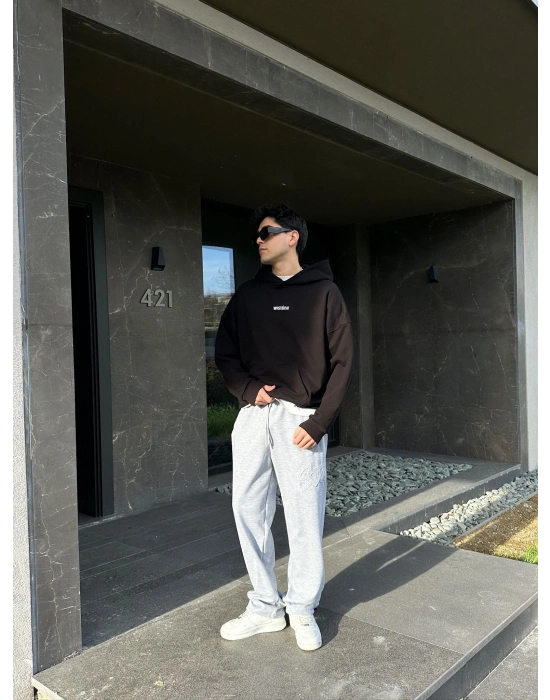 2 İPLİK KUMAŞ BAGGY KALIP PAÇA LASTİKLİ STW KABARTMA NAKIŞ EŞOFMAN ALTI GRİ