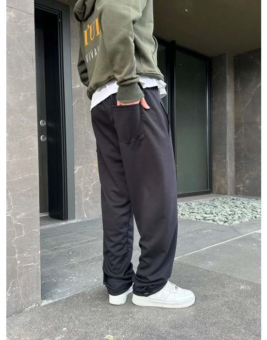 2 İPLİK KUMAŞ BAGGY KALIP PAÇA LASTİKLİ STW KABARTMA NAKIŞ EŞOFMAN ALTI SİYAH