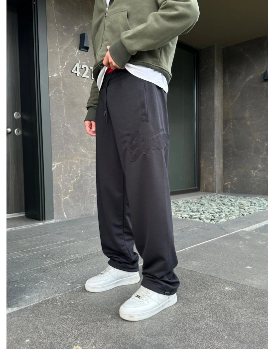 2 İPLİK KUMAŞ BAGGY KALIP PAÇA LASTİKLİ STW KABARTMA NAKIŞ EŞOFMAN ALTI SİYAH