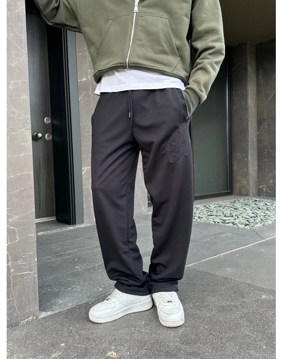 2 İPLİK KUMAŞ BAGGY KALIP PAÇA LASTİKLİ STW KABARTMA NAKIŞ EŞOFMAN ALTI SİYAH