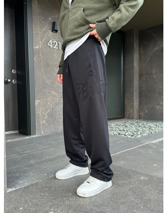 2 İPLİK KUMAŞ BAGGY KALIP PAÇA LASTİKLİ STW KABARTMA NAKIŞ EŞOFMAN ALTI SİYAH