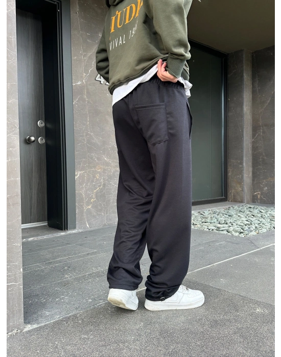 2 İPLİK KUMAŞ BAGGY KALIP PAÇA LASTİKLİ STW KABARTMA NAKIŞ EŞOFMAN ALTI SİYAH