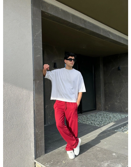 2 İPLİK KUMAŞ BAGGY KALIP PAÇA LASTİKLİ STW KABARTMA NAKIŞ EŞOFMAN ALTI KIRMIZI