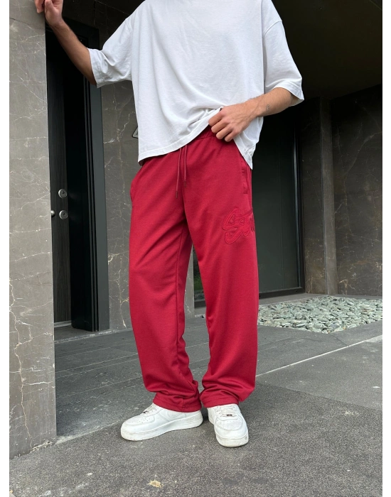 2 İPLİK KUMAŞ BAGGY KALIP PAÇA LASTİKLİ STW KABARTMA NAKIŞ EŞOFMAN ALTI KIRMIZI