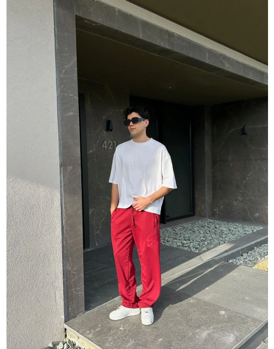 2 İPLİK KUMAŞ BAGGY KALIP PAÇA LASTİKLİ STW KABARTMA NAKIŞ EŞOFMAN ALTI KIRMIZI