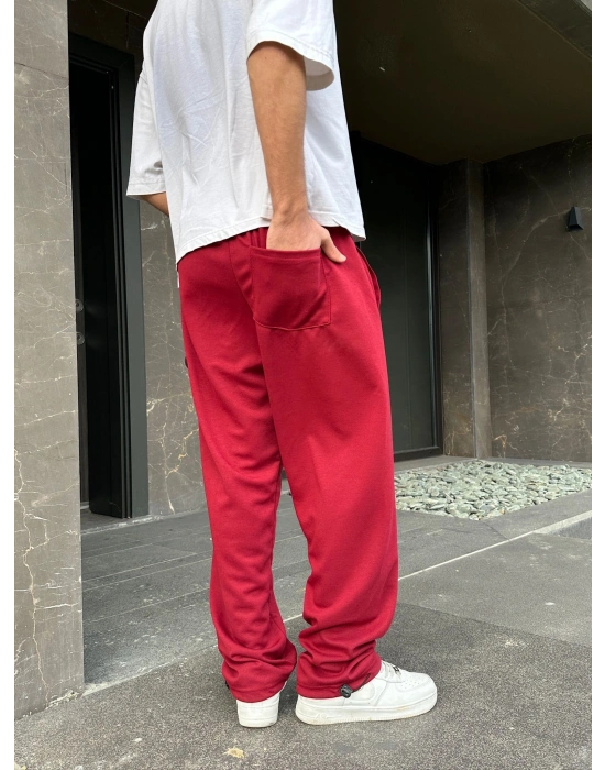 2 İPLİK KUMAŞ BAGGY KALIP PAÇA LASTİKLİ STW KABARTMA NAKIŞ EŞOFMAN ALTI KIRMIZI