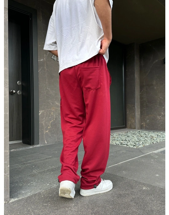 2 İPLİK KUMAŞ BAGGY KALIP PAÇA LASTİKLİ STW KABARTMA NAKIŞ EŞOFMAN ALTI KIRMIZI