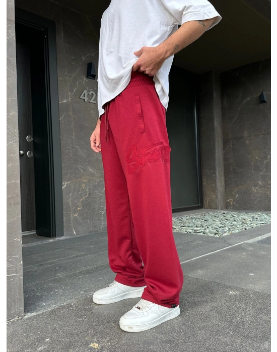 2 İPLİK KUMAŞ BAGGY KALIP PAÇA LASTİKLİ STW KABARTMA NAKIŞ EŞOFMAN ALTI KIRMIZI