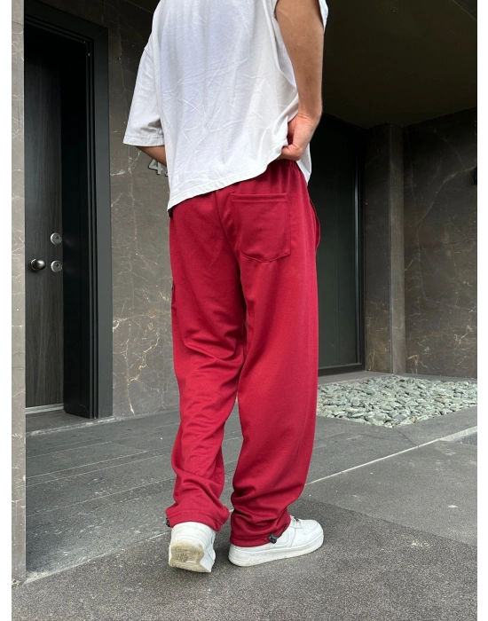 2 İPLİK KUMAŞ BAGGY KALIP PAÇA LASTİKLİ STW KABARTMA NAKIŞ EŞOFMAN ALTI KIRMIZI