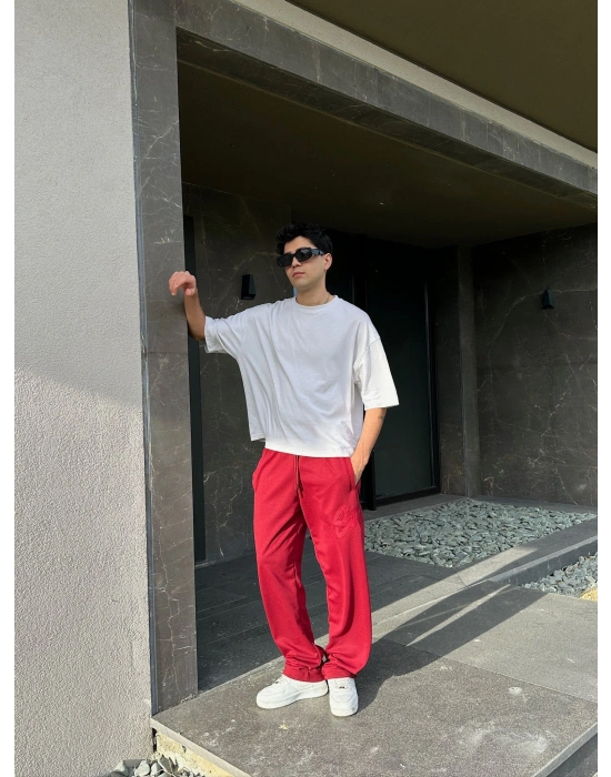 2 İPLİK KUMAŞ BAGGY KALIP PAÇA LASTİKLİ STW KABARTMA NAKIŞ EŞOFMAN ALTI KIRMIZI