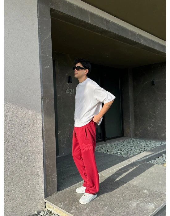 2 İPLİK KUMAŞ BAGGY KALIP PAÇA LASTİKLİ STW KABARTMA NAKIŞ EŞOFMAN ALTI KIRMIZI