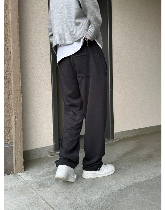 2 İPLİK KUMAŞ BAGGY KALIP PAÇA LASTİKLİ STW İÇİ DOLUMLU NAKIŞ EŞOFMAN ALTI SİYAH