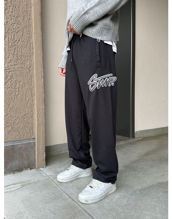 2 İPLİK KUMAŞ BAGGY KALIP PAÇA LASTİKLİ STW İÇİ DOLUMLU NAKIŞ EŞOFMAN ALTI SİYAH