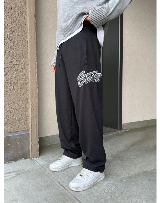 2 İPLİK KUMAŞ BAGGY KALIP PAÇA LASTİKLİ STW İÇİ DOLUMLU NAKIŞ EŞOFMAN ALTI SİYAH