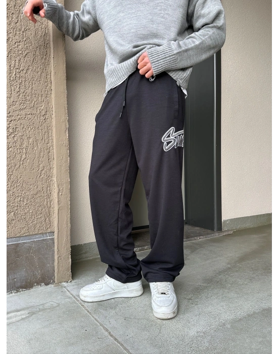 2 İPLİK KUMAŞ BAGGY KALIP PAÇA LASTİKLİ STW İÇİ DOLUMLU NAKIŞ EŞOFMAN ALTI SİYAH