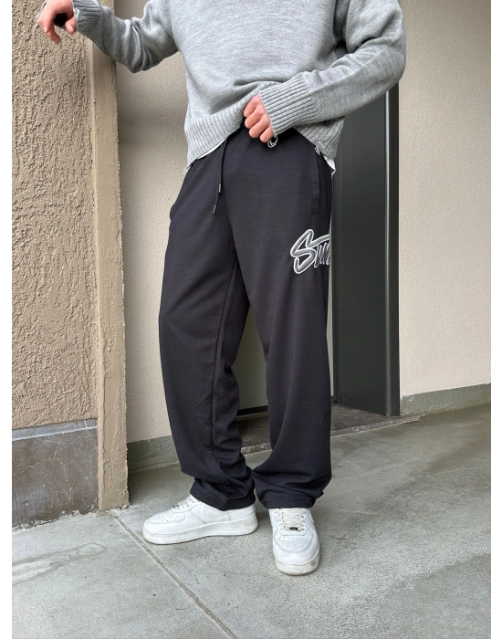 2 İPLİK KUMAŞ BAGGY KALIP PAÇA LASTİKLİ STW İÇİ DOLUMLU NAKIŞ EŞOFMAN ALTI SİYAH