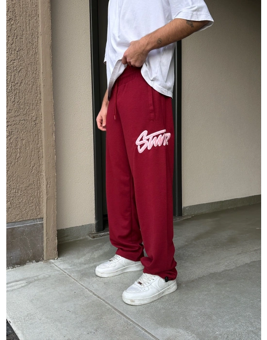 2 İPLİK KUMAŞ BAGGY KALIP PAÇA LASTİKLİ STW İÇİ DOLUMLU NAKIŞ EŞOFMAN ALTI KIRMIZI