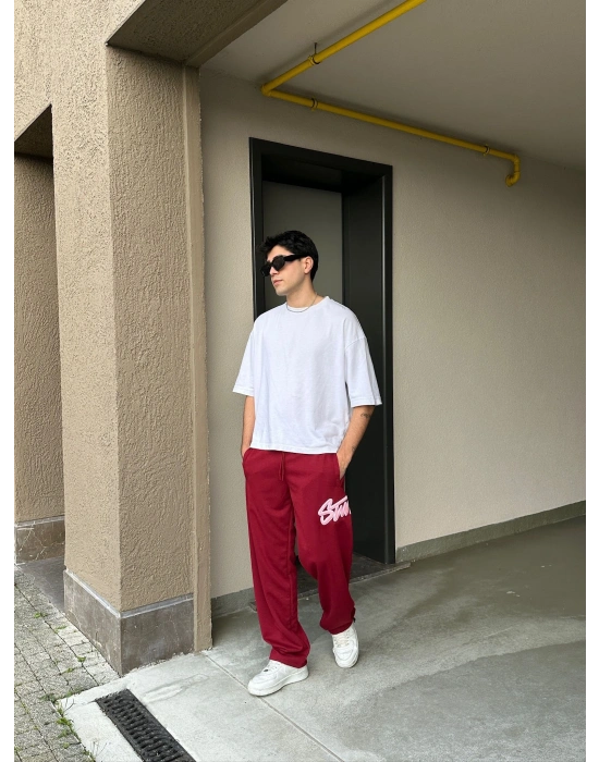 2 İPLİK KUMAŞ BAGGY KALIP PAÇA LASTİKLİ STW İÇİ DOLUMLU NAKIŞ EŞOFMAN ALTI KIRMIZI