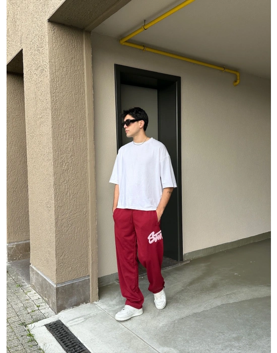2 İPLİK KUMAŞ BAGGY KALIP PAÇA LASTİKLİ STW İÇİ DOLUMLU NAKIŞ EŞOFMAN ALTI KIRMIZI