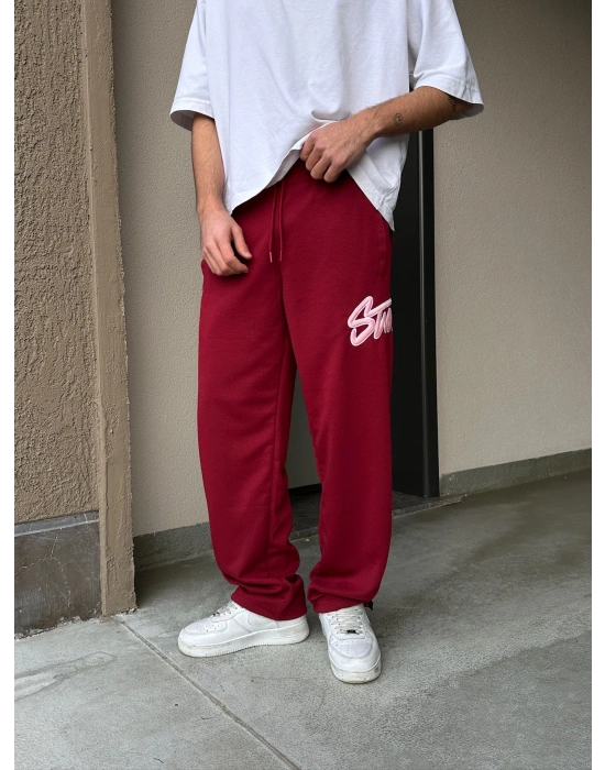 2 İPLİK KUMAŞ BAGGY KALIP PAÇA LASTİKLİ STW İÇİ DOLUMLU NAKIŞ EŞOFMAN ALTI KIRMIZI