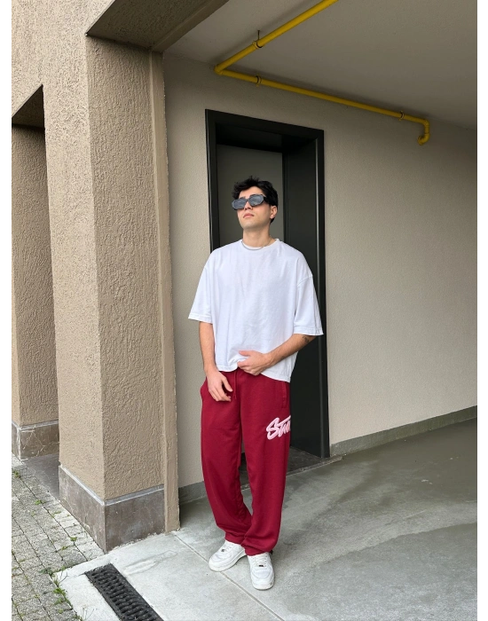 2 İPLİK KUMAŞ BAGGY KALIP PAÇA LASTİKLİ STW İÇİ DOLUMLU NAKIŞ EŞOFMAN ALTI KIRMIZI