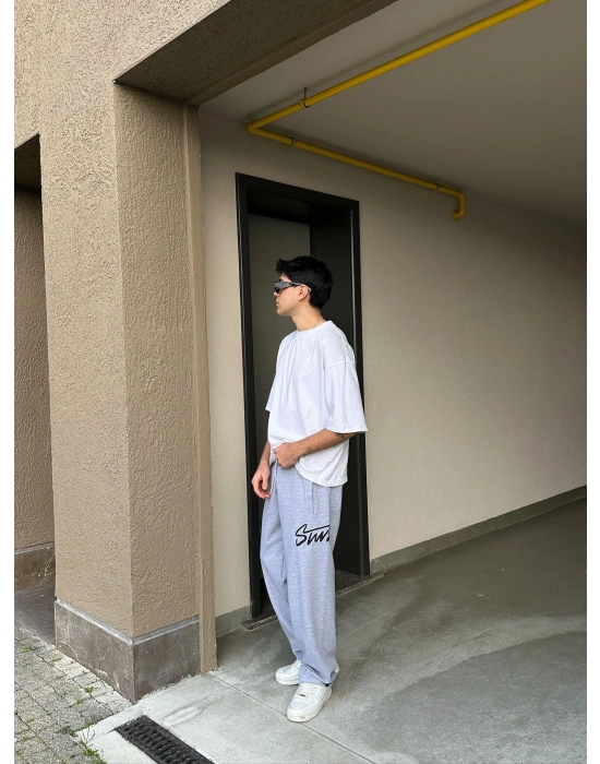 2 İPLİK KUMAŞ BAGGY KALIP PAÇA LASTİKLİ STW İÇİ DOLUMLU NAKIŞ EŞOFMAN ALTI GRİ