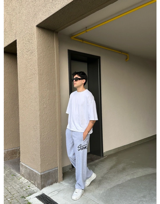 2 İPLİK KUMAŞ BAGGY KALIP PAÇA LASTİKLİ STW İÇİ DOLUMLU NAKIŞ EŞOFMAN ALTI GRİ