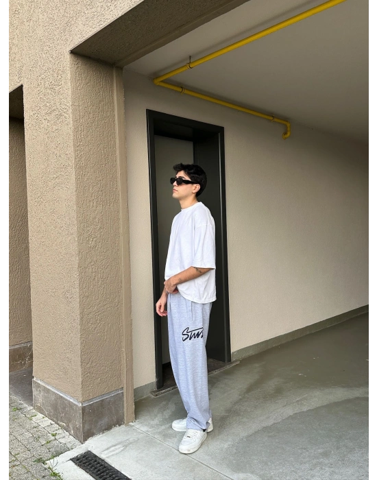 2 İPLİK KUMAŞ BAGGY KALIP PAÇA LASTİKLİ STW İÇİ DOLUMLU NAKIŞ EŞOFMAN ALTI GRİ